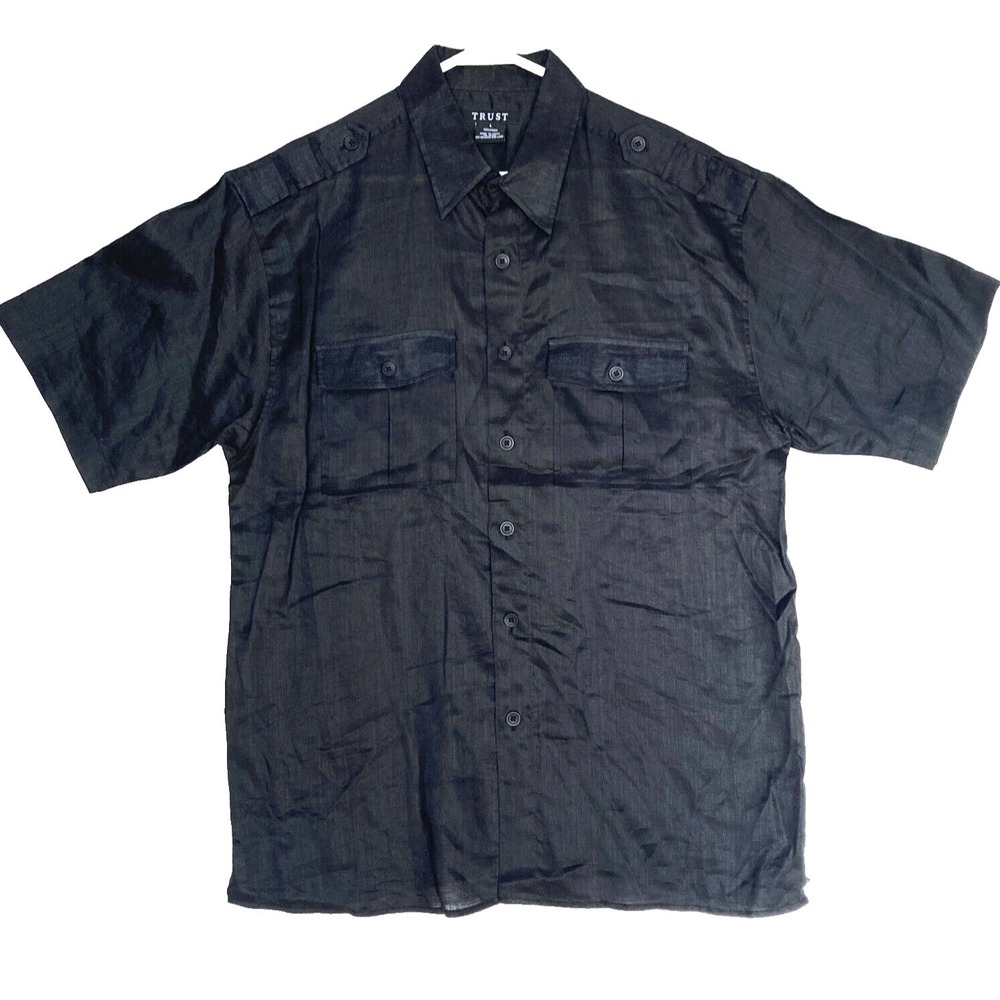 Trust Linen Utility Camp Shirt Mens L Military Preppy Black Button Up NWOT $85